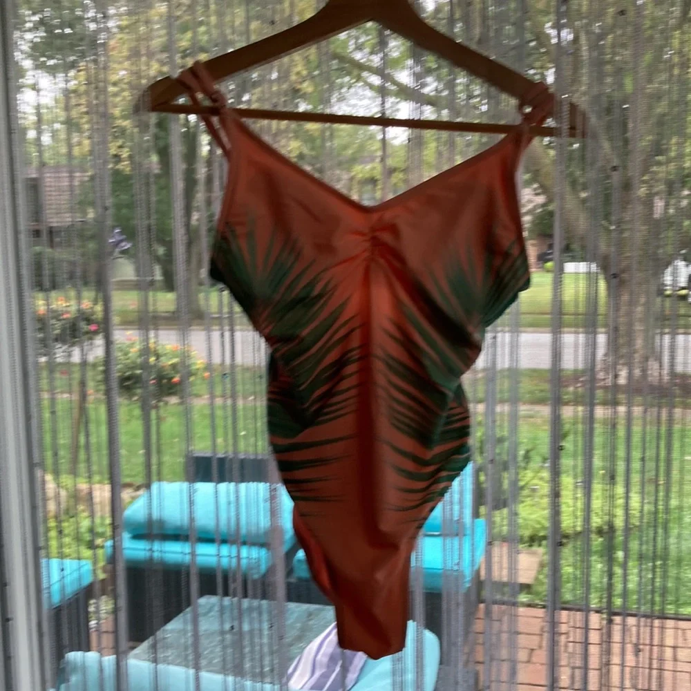 Pink and green leaves swim suit 1 piece. - Picture 3 of 4